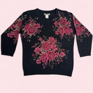C.D. Petites Dark Floral Rose Knit Sweater PM Grandma Core Cottagecore